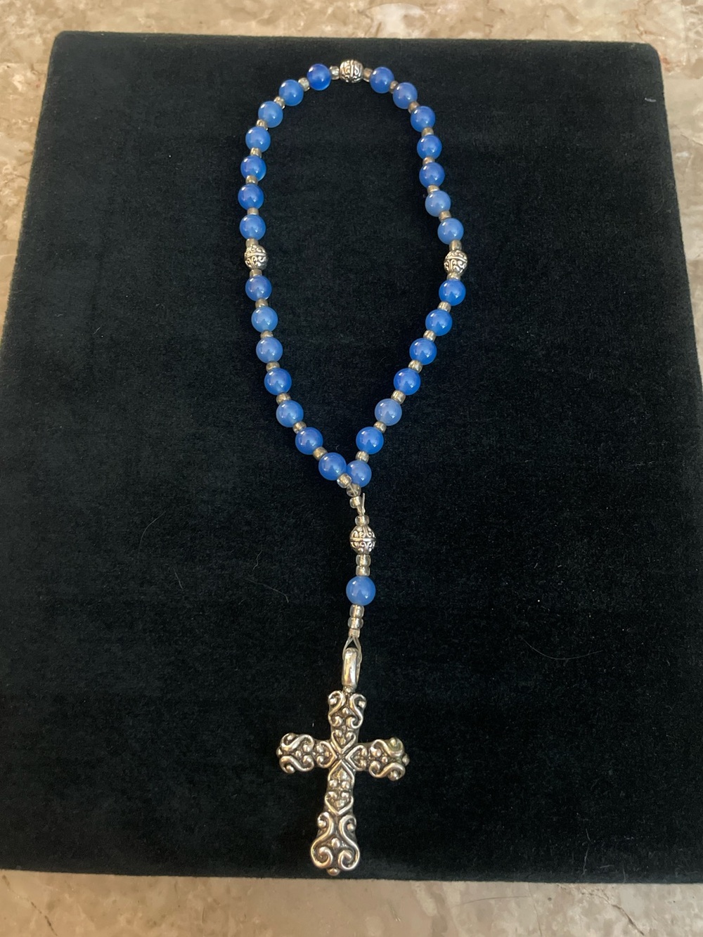 10” Blue Bead Rosary with Decorative Silver tone Cross
